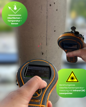 Abgebildet ist das Feuchtigkeitsmessgerät MMS3 der Firma PROTIMETER bei der Messung von Oberflächentemperaturen. Auf der Oberfläche sind die beiden Ziellaser sichtbar, die zur Markierung der Messstelle dienen.